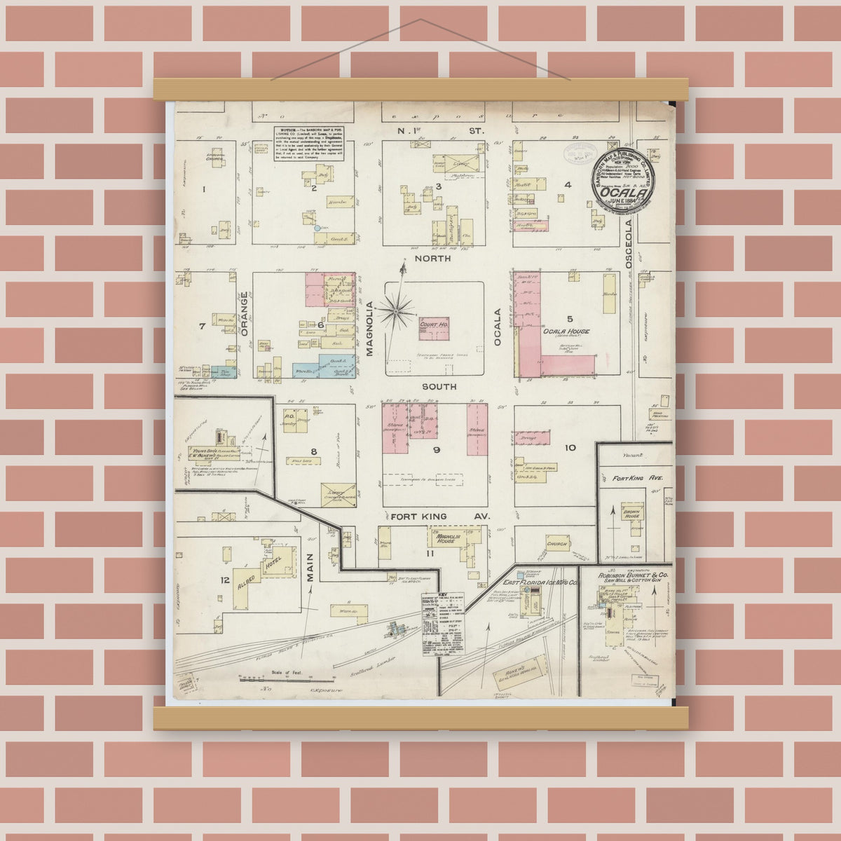 Old map wall art mockup — magnetic wood frame on brick wall — Sanborn Fire Insurance Map from Ocala, Marion County, Florida (1884), Sheet #0001