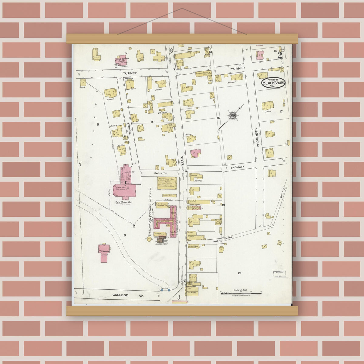 Old map wall art mockup — magnetic wood frame on brick wall — Sanborn Fire Insurance Map from Blacksburg, Montgomery County, Virginia (1921), Sheet #0002