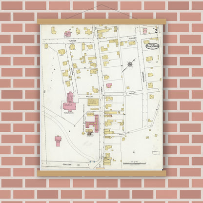 Old map wall art mockup — magnetic wood frame on brick wall — Sanborn Fire Insurance Map from Blacksburg, Montgomery County, Virginia (1921), Sheet #0002