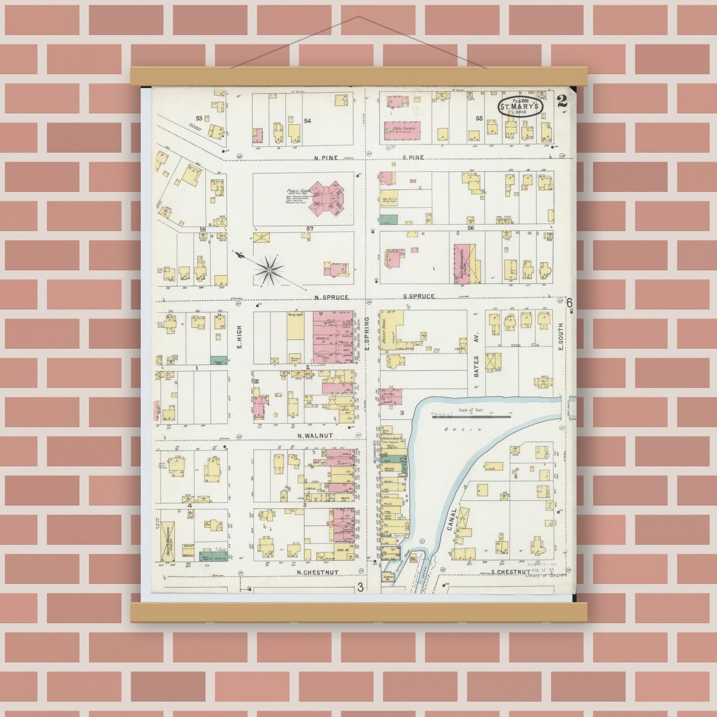 Old map wall art mockup — magnetic wood frame on brick wall — Sanborn Fire Insurance Map from Saint Marys, Auglaize County, Ohio (1896), Sheet #0002