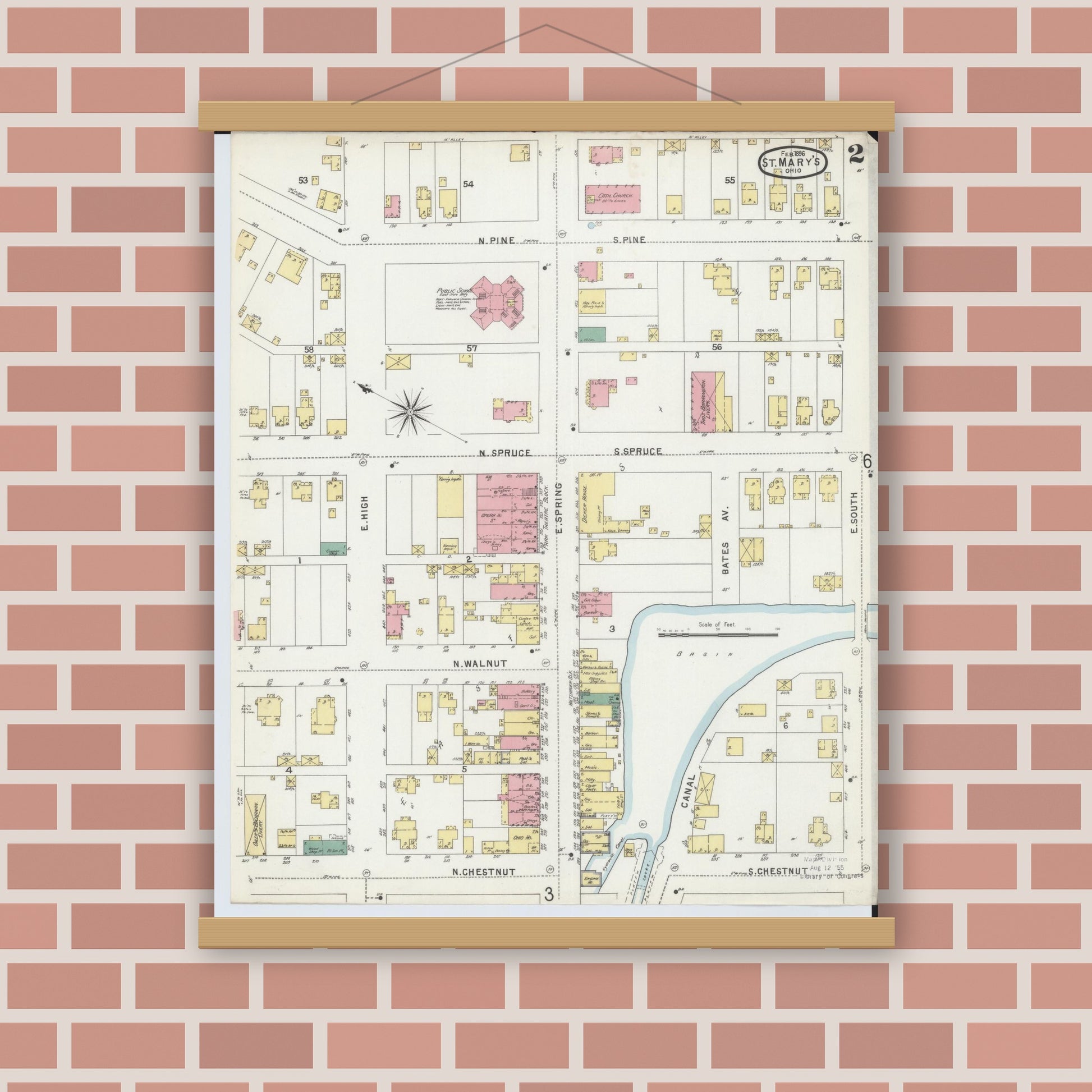 Old map wall art mockup — magnetic wood frame on brick wall — Sanborn Fire Insurance Map from Saint Marys, Auglaize County, Ohio (1896), Sheet #0002