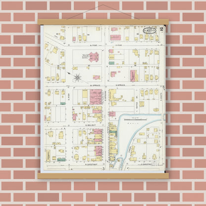 Old map wall art mockup — magnetic wood frame on brick wall — Sanborn Fire Insurance Map from Saint Marys, Auglaize County, Ohio (1896), Sheet #0002