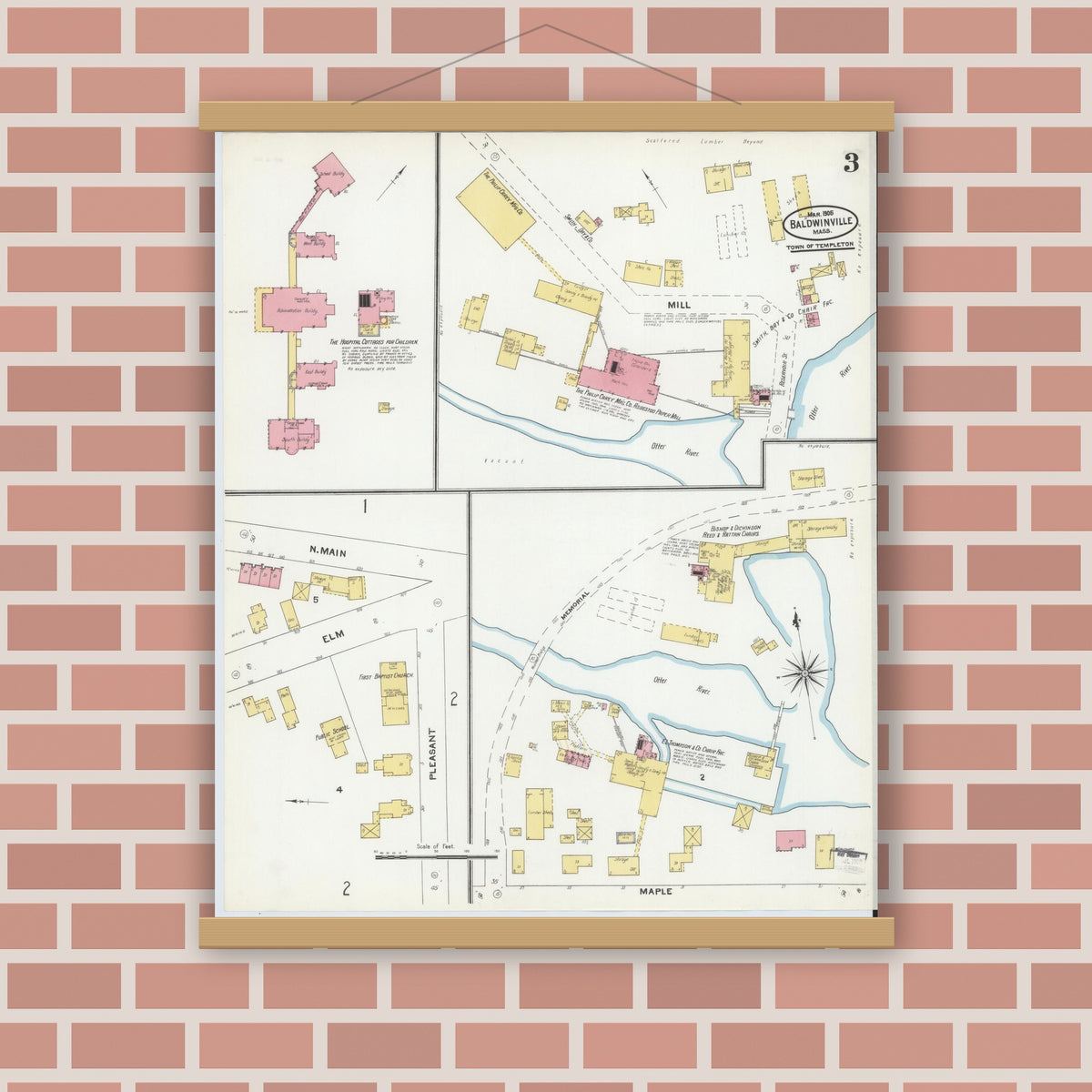 Old map wall art mockup — magnetic wood frame on brick wall — Sanborn Fire Insurance Map from Baldwinville, Worcester County, Massachusetts (1905), Sheet #0003