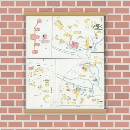Old map wall art mockup — magnetic wood frame on brick wall — Sanborn Fire Insurance Map from Baldwinville, Worcester County, Massachusetts (1905), Sheet #0003