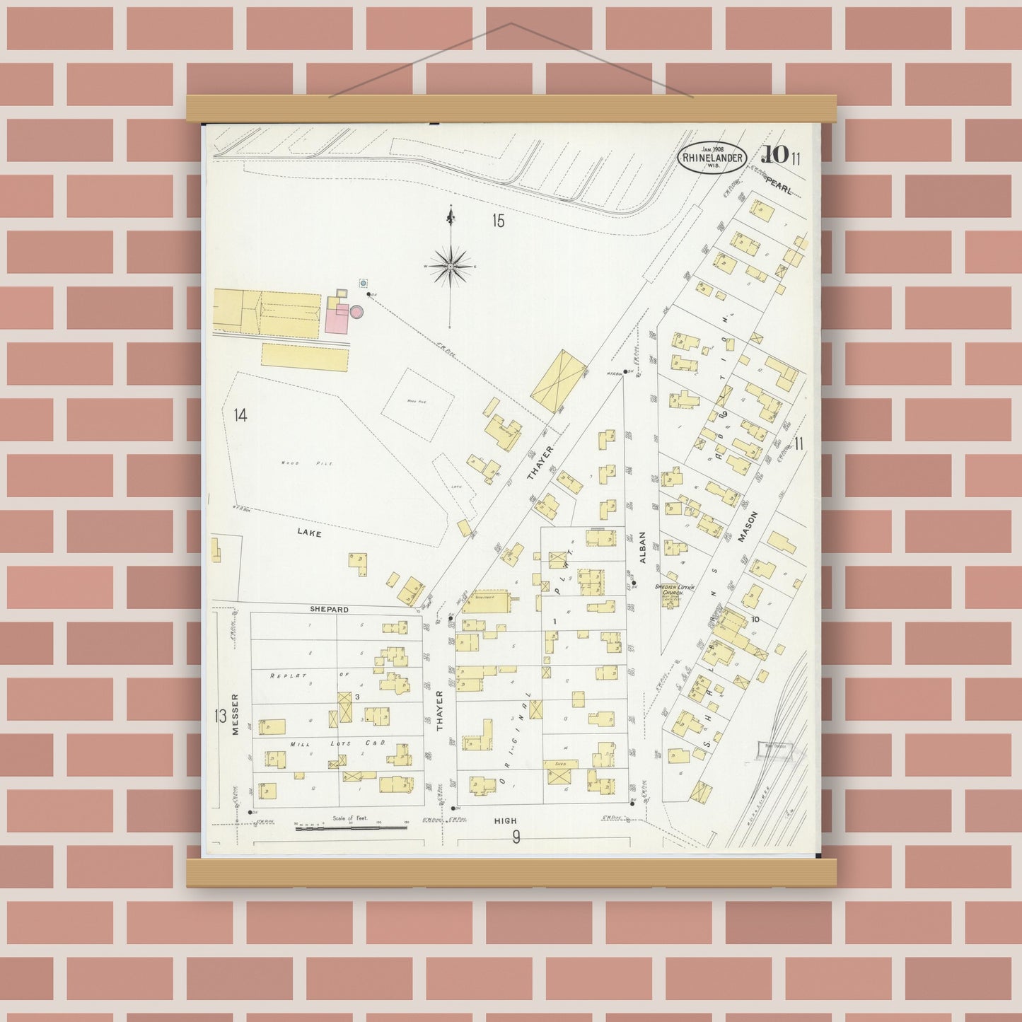 Old map wall art mockup — magnetic wood frame on brick wall — Sanborn Fire Insurance Map from Rhinelander, Oneida County, Wisconsin (1908), Sheet #0010