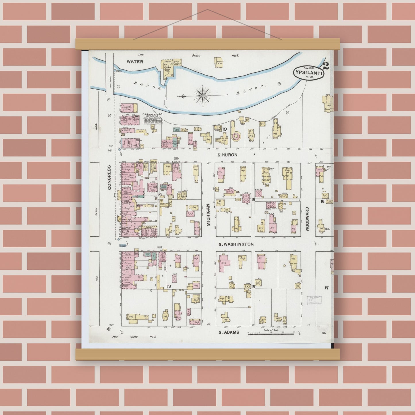 Old map wall art mockup — magnetic wood frame on brick wall — Sanborn Fire Insurance Map from Ypsilanti, Washtenaw County, Michigan (1888), Sheet #0002