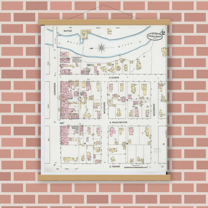 Old map wall art mockup — magnetic wood frame on brick wall — Sanborn Fire Insurance Map from Ypsilanti, Washtenaw County, Michigan (1888), Sheet #0002