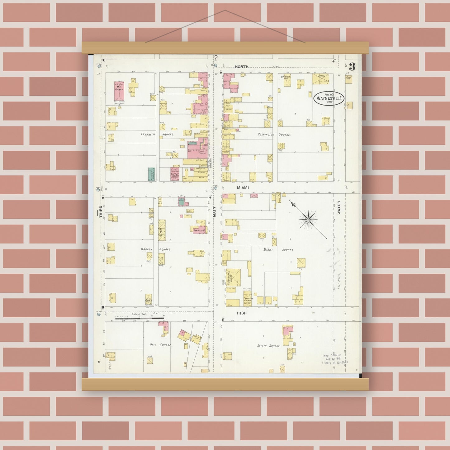 Old map wall art mockup — magnetic wood frame on brick wall — Sanborn Fire Insurance Map from Waynesville, Warren County, Ohio (1901), Sheet #0003