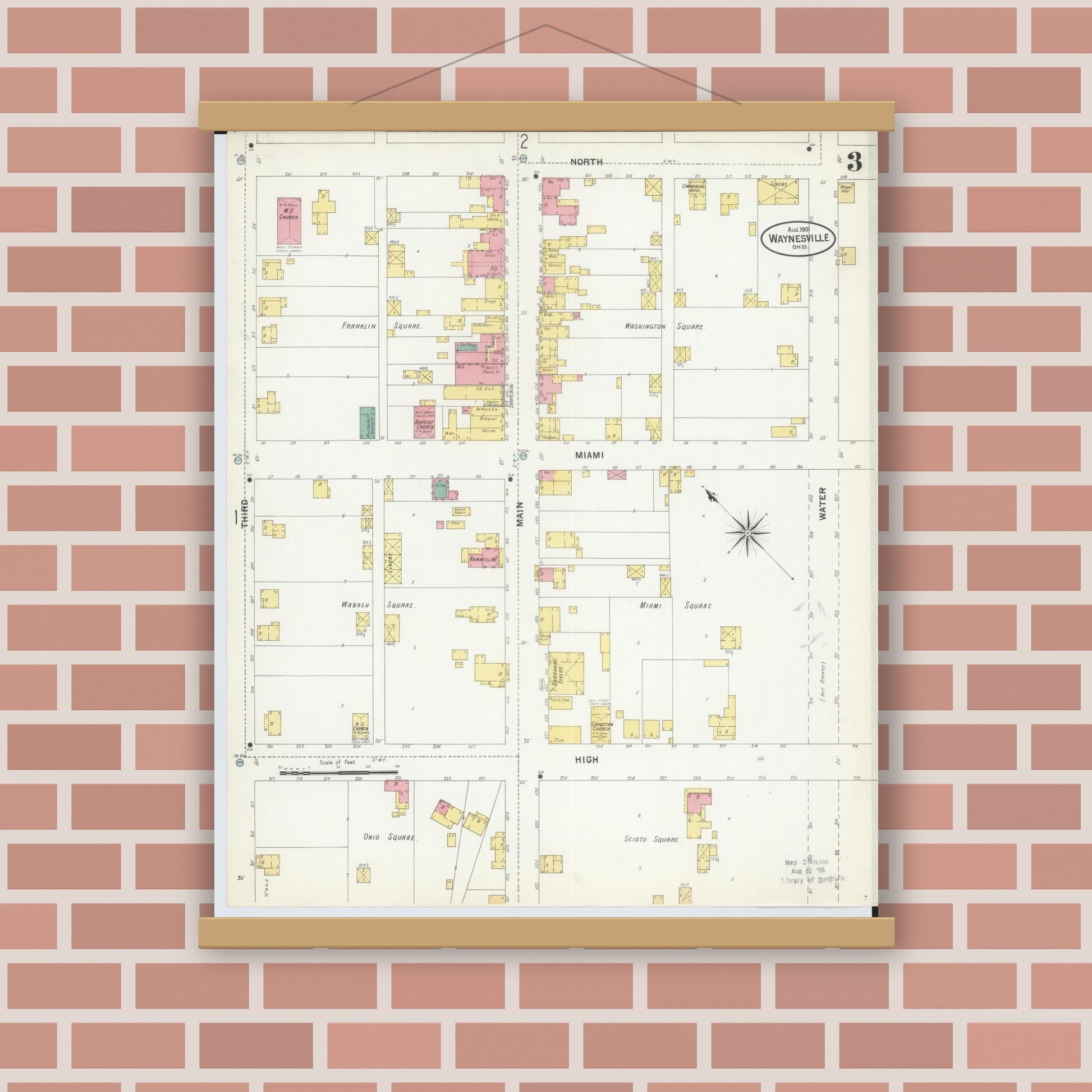 Old map wall art mockup — magnetic wood frame on brick wall — Sanborn Fire Insurance Map from Waynesville, Warren County, Ohio (1901), Sheet #0003