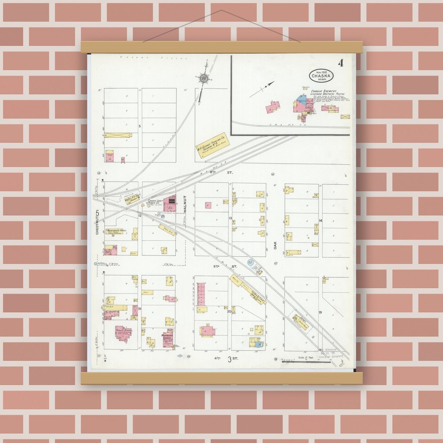 Old map wall art mockup — magnetic wood frame on brick wall — Sanborn Fire Insurance Map from Chaska, Carver County, Minnesota (1910), Sheet #0004