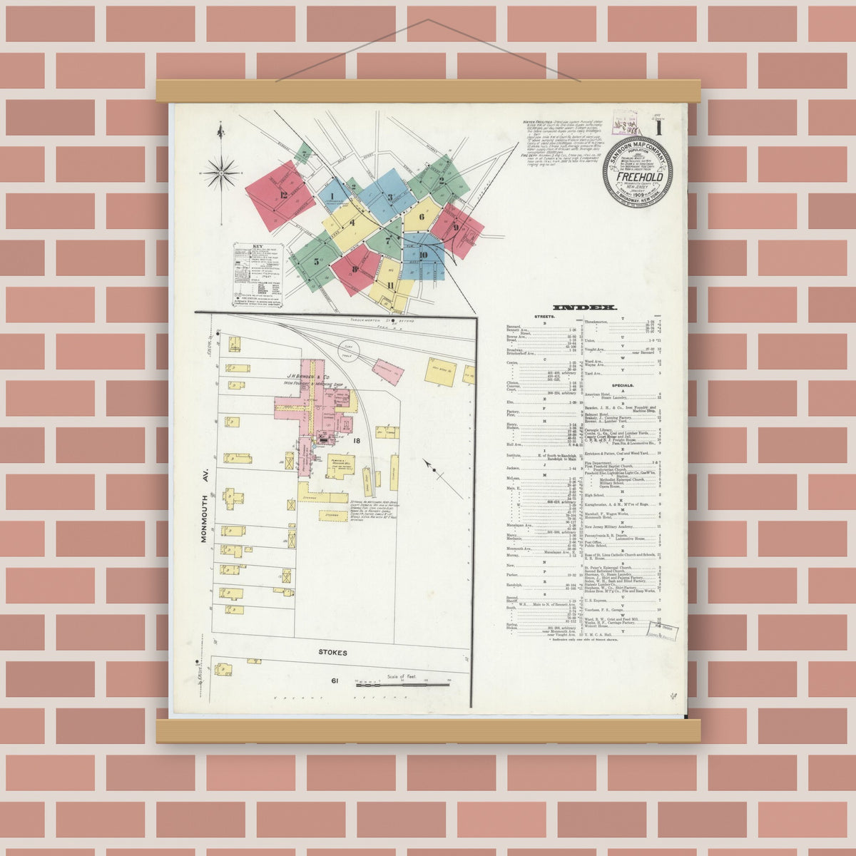 Old map wall art mockup — magnetic wood frame on brick wall — Sanborn Fire Insurance Map from Freehold, Monmouth County, New Jersey (1909) - Complete Map Set