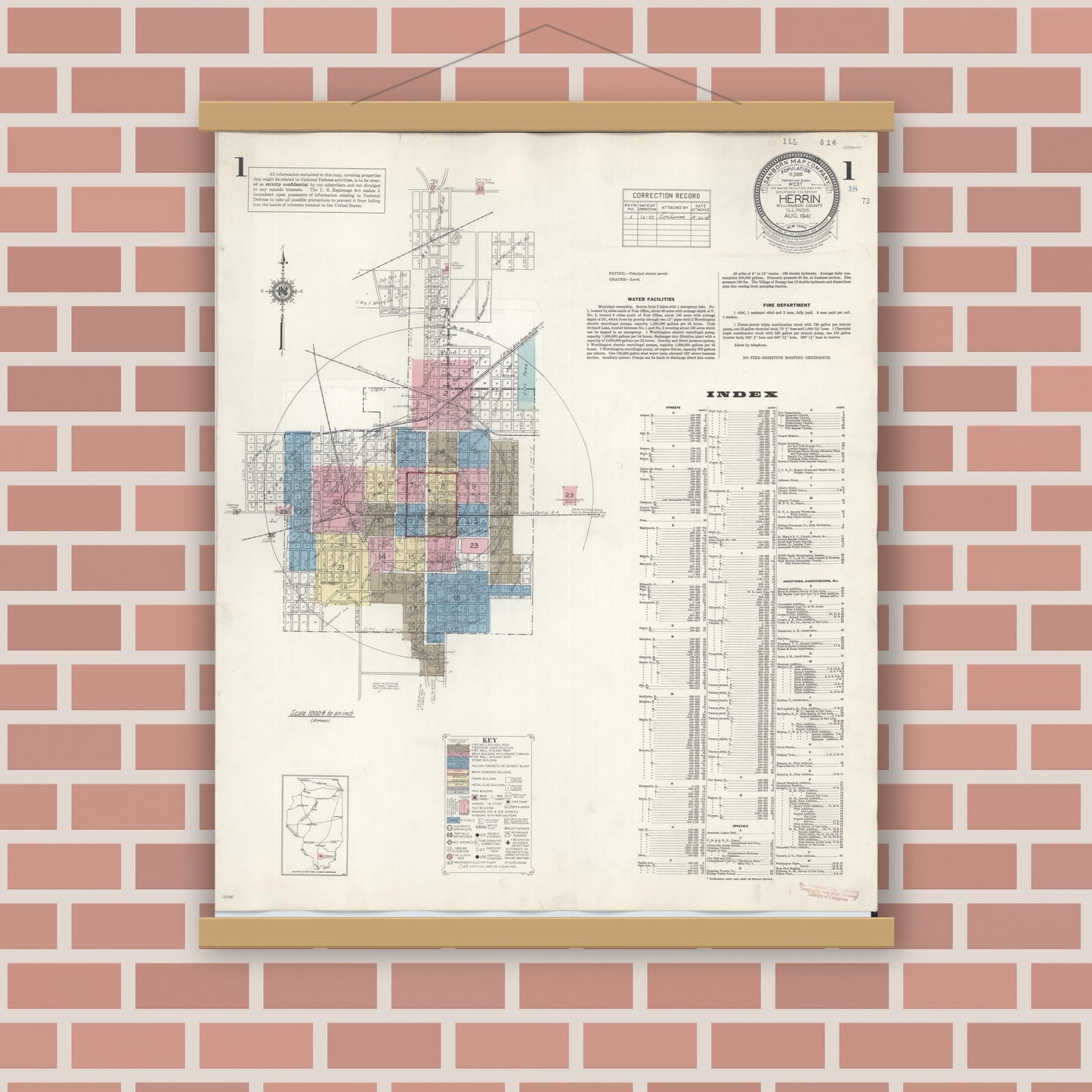 Old map wall art mockup — magnetic wood frame on brick wall — Sanborn Fire Insurance Map from Herrin, Williamson County, Illinois (1947), Sheet #0001