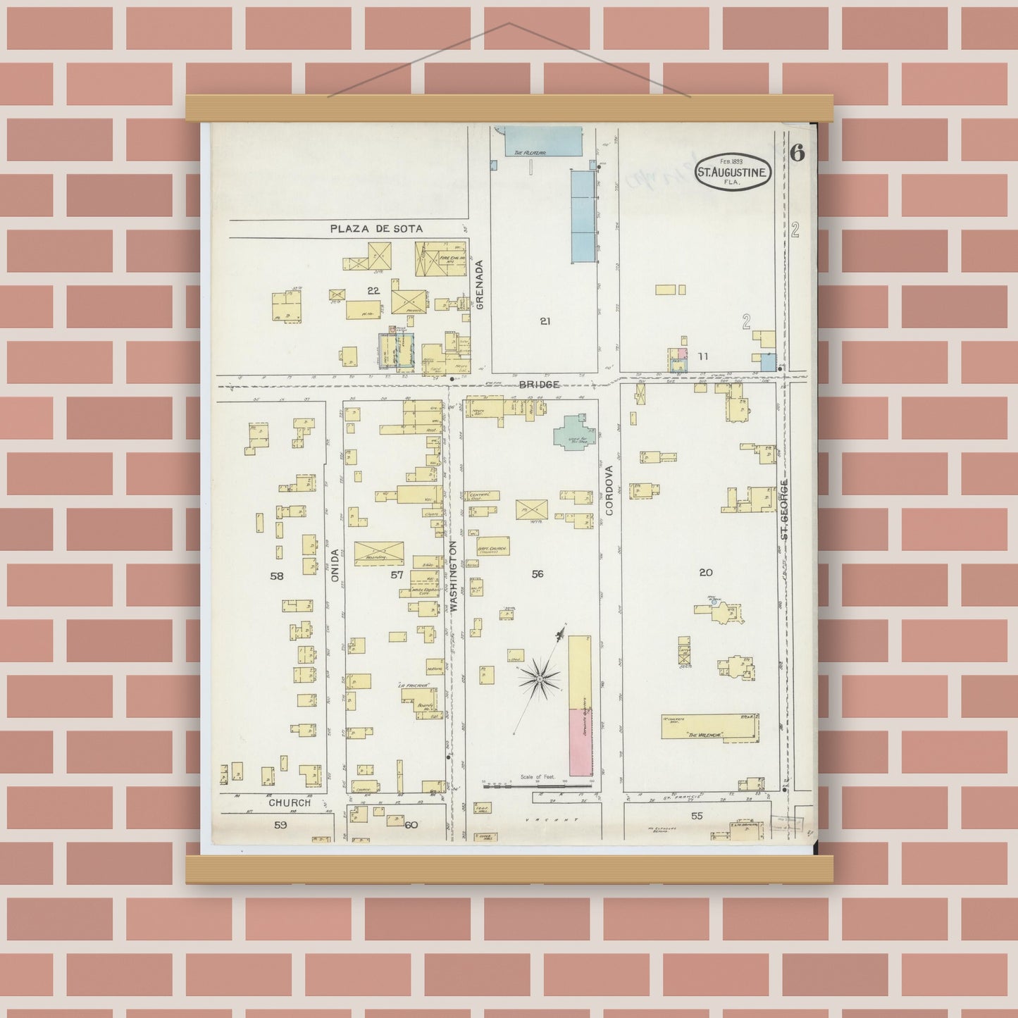 Old map wall art mockup — magnetic wood frame on brick wall — Sanborn Fire Insurance Map from Saint Augustine, Saint John's County, Florida (1893), Sheet #0006