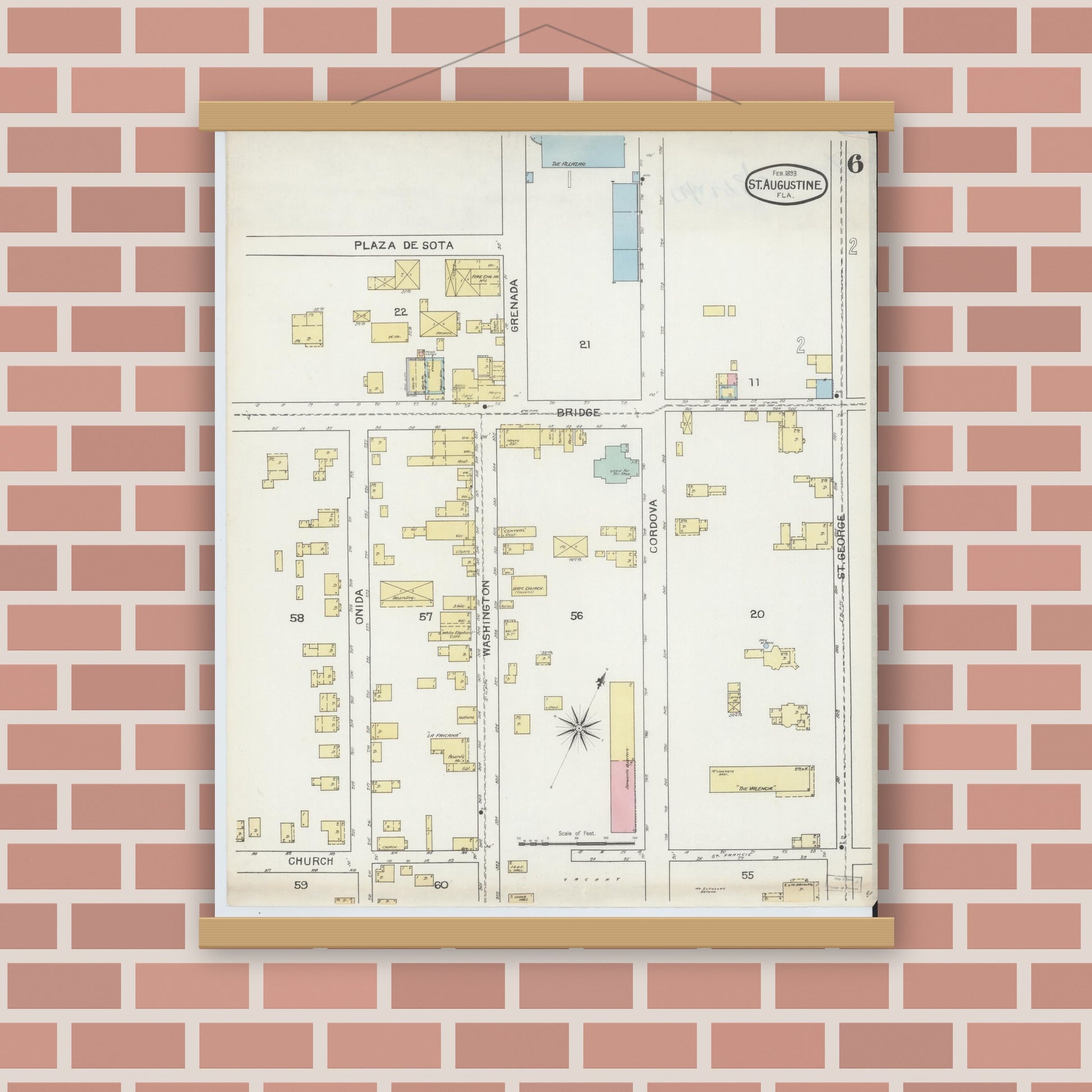 Old map wall art mockup — magnetic wood frame on brick wall — Sanborn Fire Insurance Map from Saint Augustine, Saint John's County, Florida (1893), Sheet #0006