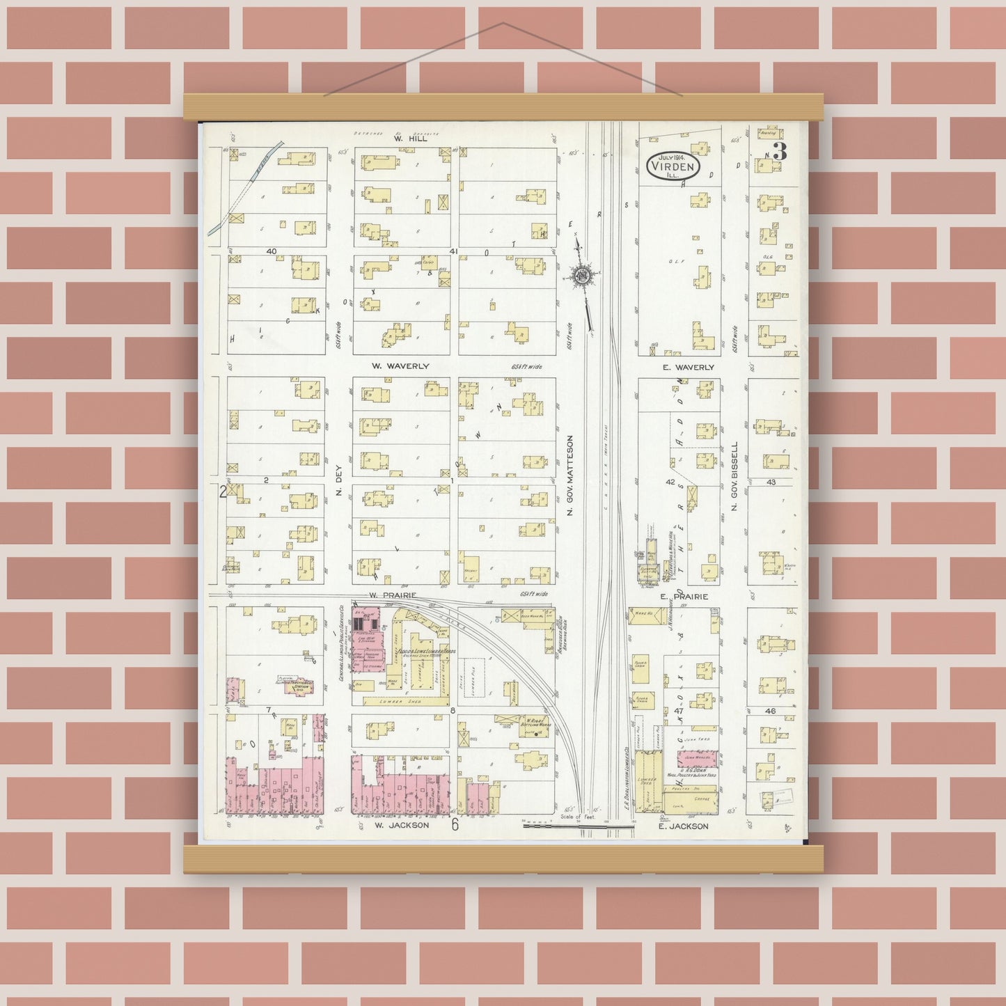 Old map wall art mockup — magnetic wood frame on brick wall — Sanborn Fire Insurance Map from Virden, Macoupin County, Illinois (1914), Sheet #0003