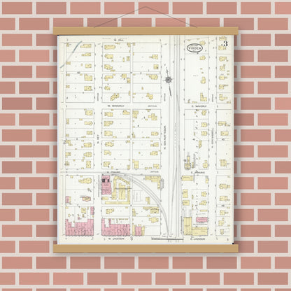 Old map wall art mockup — magnetic wood frame on brick wall — Sanborn Fire Insurance Map from Virden, Macoupin County, Illinois (1914), Sheet #0003