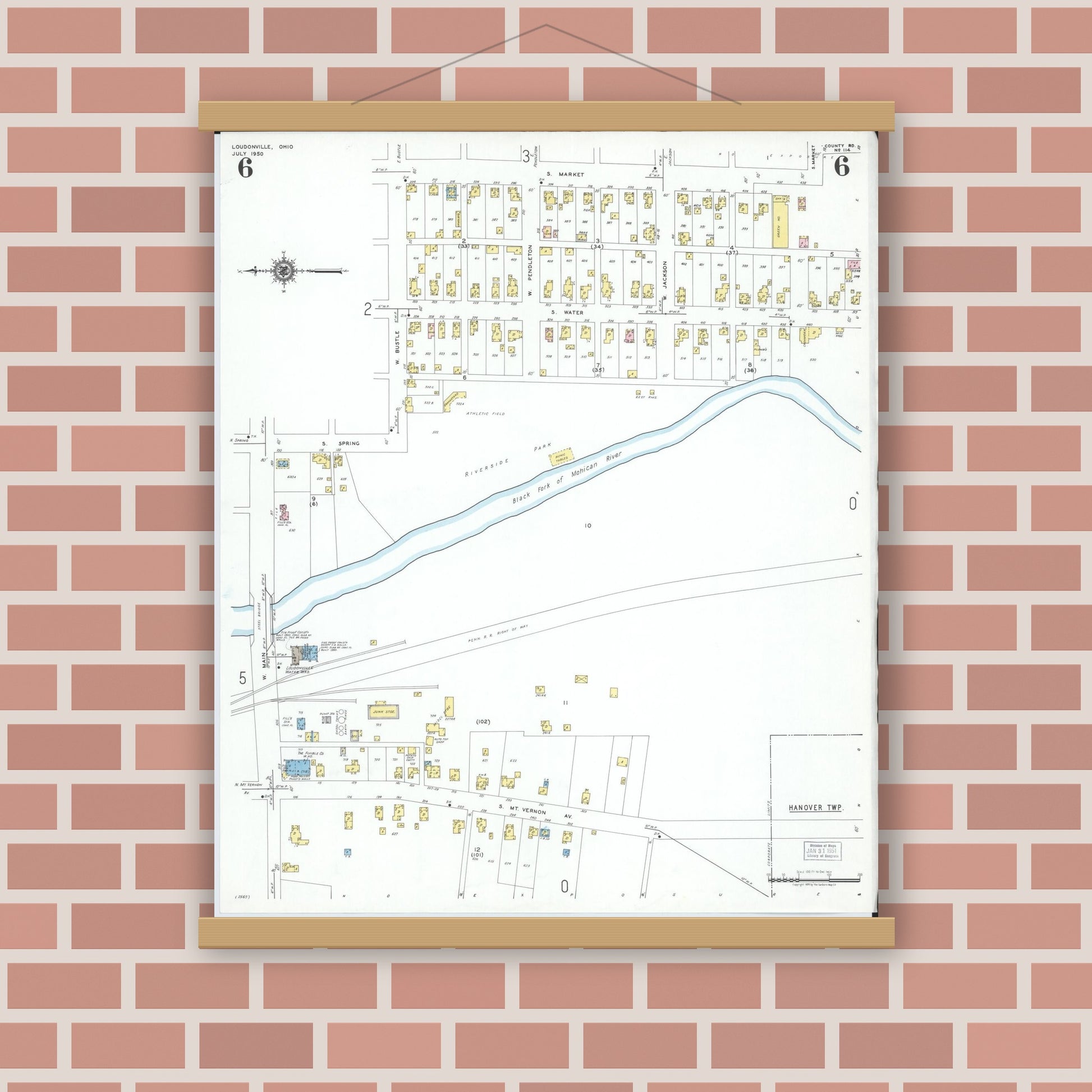 Old map wall art mockup — magnetic wood frame on brick wall — Sanborn Fire Insurance Map from Loudonville, Ashland County, Ohio (1950), Sheet #0006