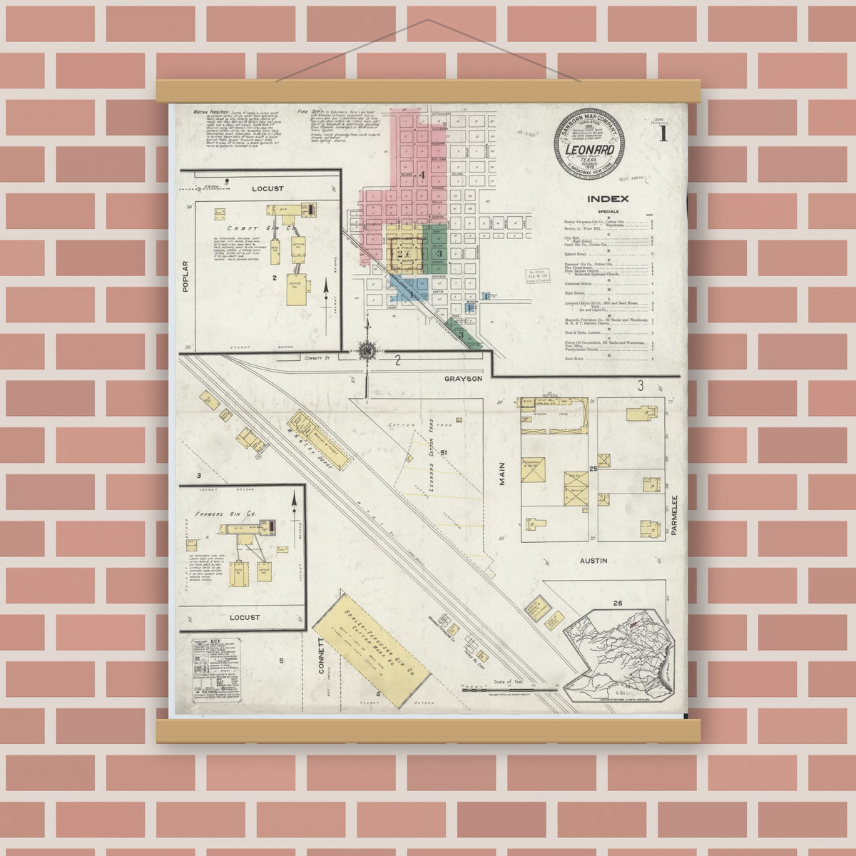 Old map wall art mockup — magnetic wood frame on brick wall — Sanborn Fire Insurance Map from Leonard, Fannin County, Texas (1919) - Complete Map Set