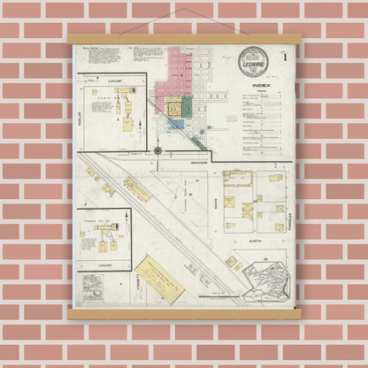 Old map wall art mockup — magnetic wood frame on brick wall — Sanborn Fire Insurance Map from Leonard, Fannin County, Texas (1919) - Complete Map Set