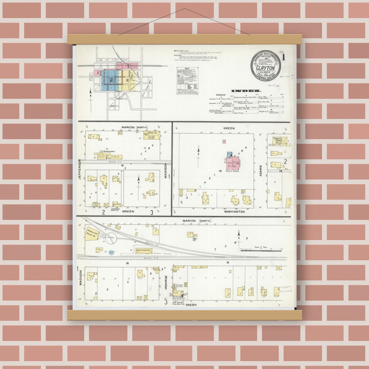 Old map wall art mockup — magnetic wood frame on brick wall — Sanborn Fire Insurance Map from Clayton, Adams County, Illinois (1910), Sheet #0001