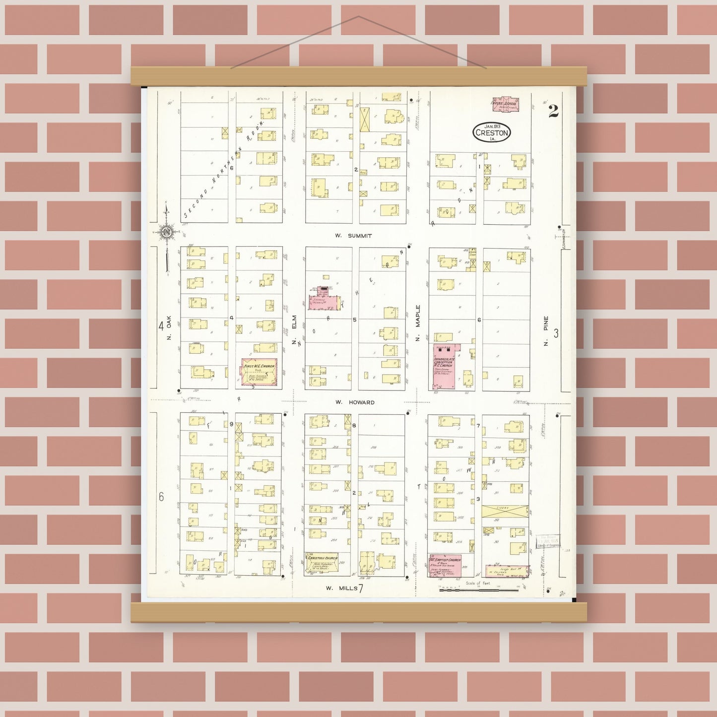 Old map wall art mockup — magnetic wood frame on brick wall — Sanborn Fire Insurance Map from Creston, Union County, Iowa (1913), Sheet #0002