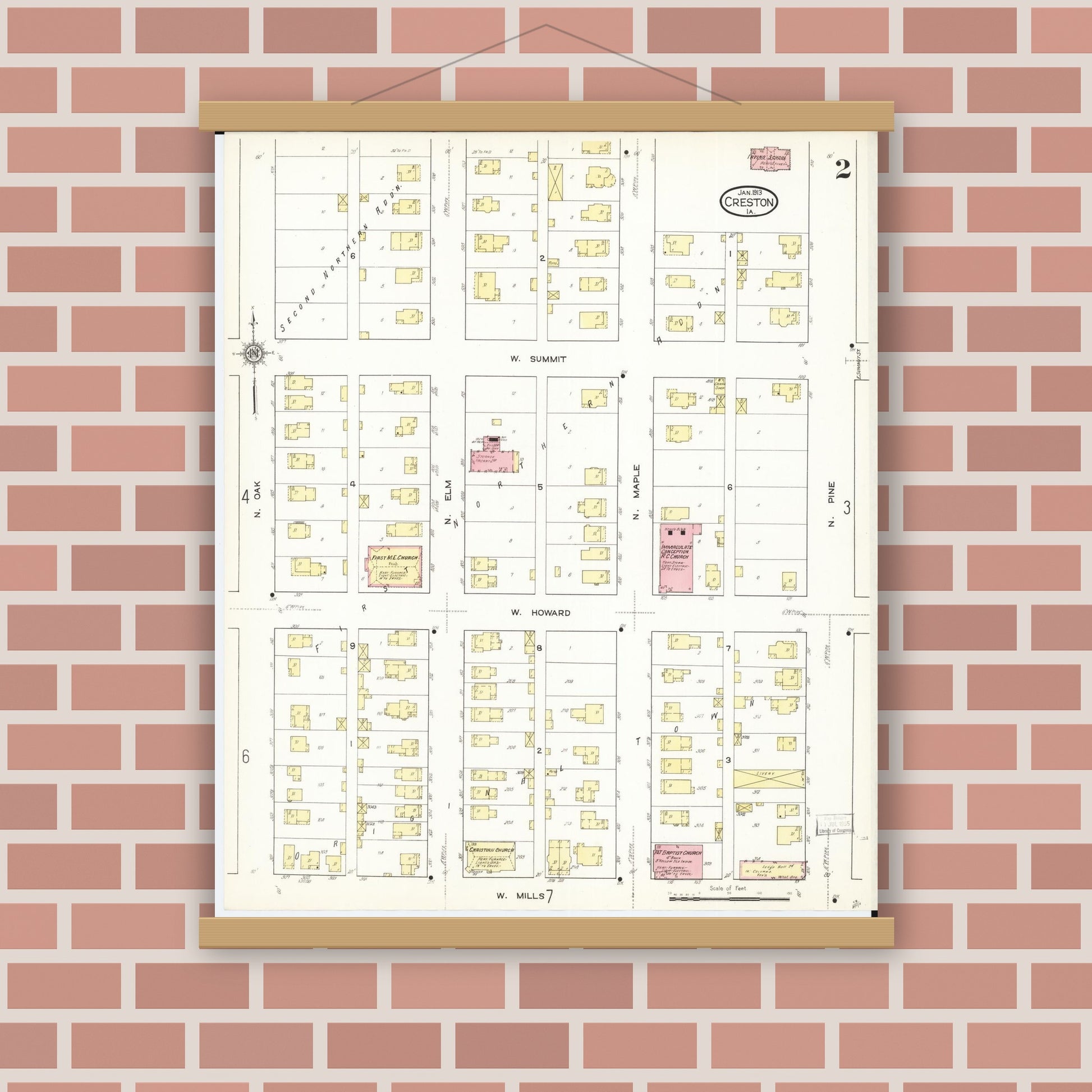 Old map wall art mockup — magnetic wood frame on brick wall — Sanborn Fire Insurance Map from Creston, Union County, Iowa (1913), Sheet #0002