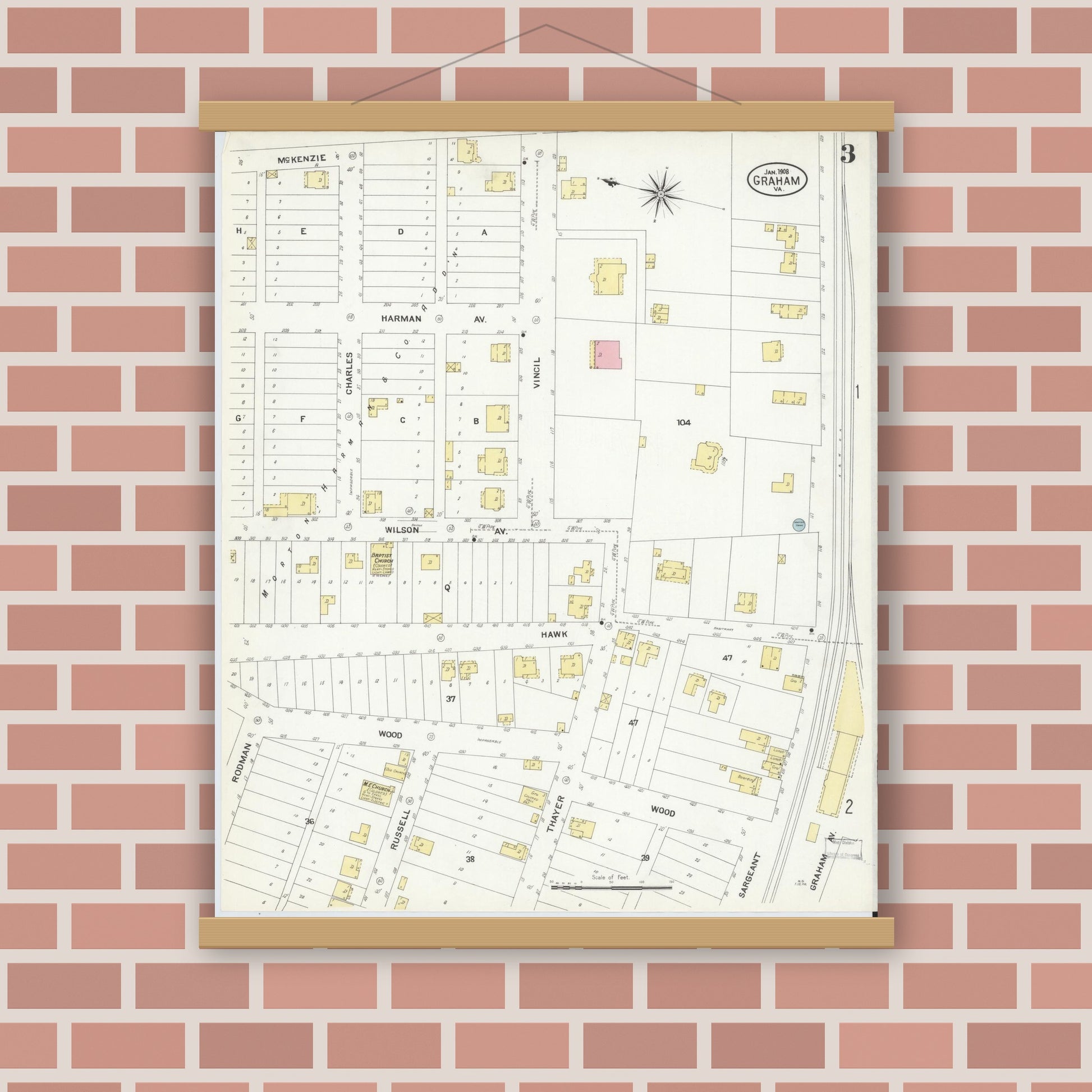 Old map wall art mockup — magnetic wood frame on brick wall — Sanborn Fire Insurance Map from Graham, Tazewell County, Virginia (1908), Sheet #0003