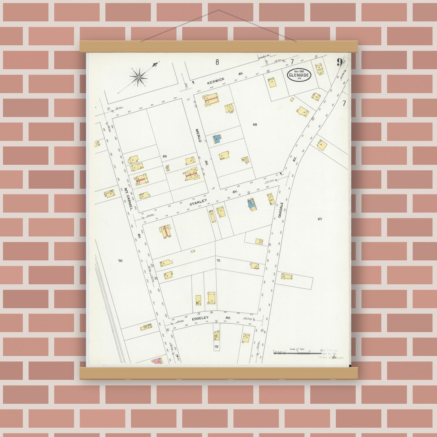 Old map wall art mockup — magnetic wood frame on brick wall — Sanborn Fire Insurance Map from Glenside, Montgomery County, Pennsylvania (1909), Sheet #0009