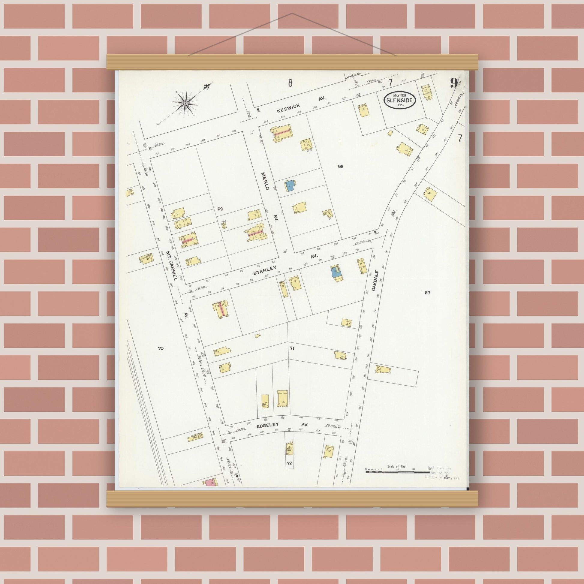 Old map wall art mockup — magnetic wood frame on brick wall — Sanborn Fire Insurance Map from Glenside, Montgomery County, Pennsylvania (1909), Sheet #0009