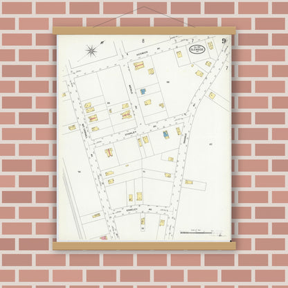 Old map wall art mockup — magnetic wood frame on brick wall — Sanborn Fire Insurance Map from Glenside, Montgomery County, Pennsylvania (1909), Sheet #0009