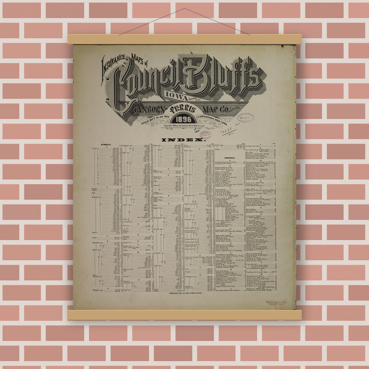 Old map wall art mockup — magnetic wood frame on brick wall — Sanborn Fire Insurance Map from Council Bluffs, Pottawattamie County, Iowa (1896), Sheet #0001