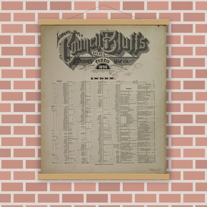 Old map wall art mockup — magnetic wood frame on brick wall — Sanborn Fire Insurance Map from Council Bluffs, Pottawattamie County, Iowa (1896), Sheet #0001