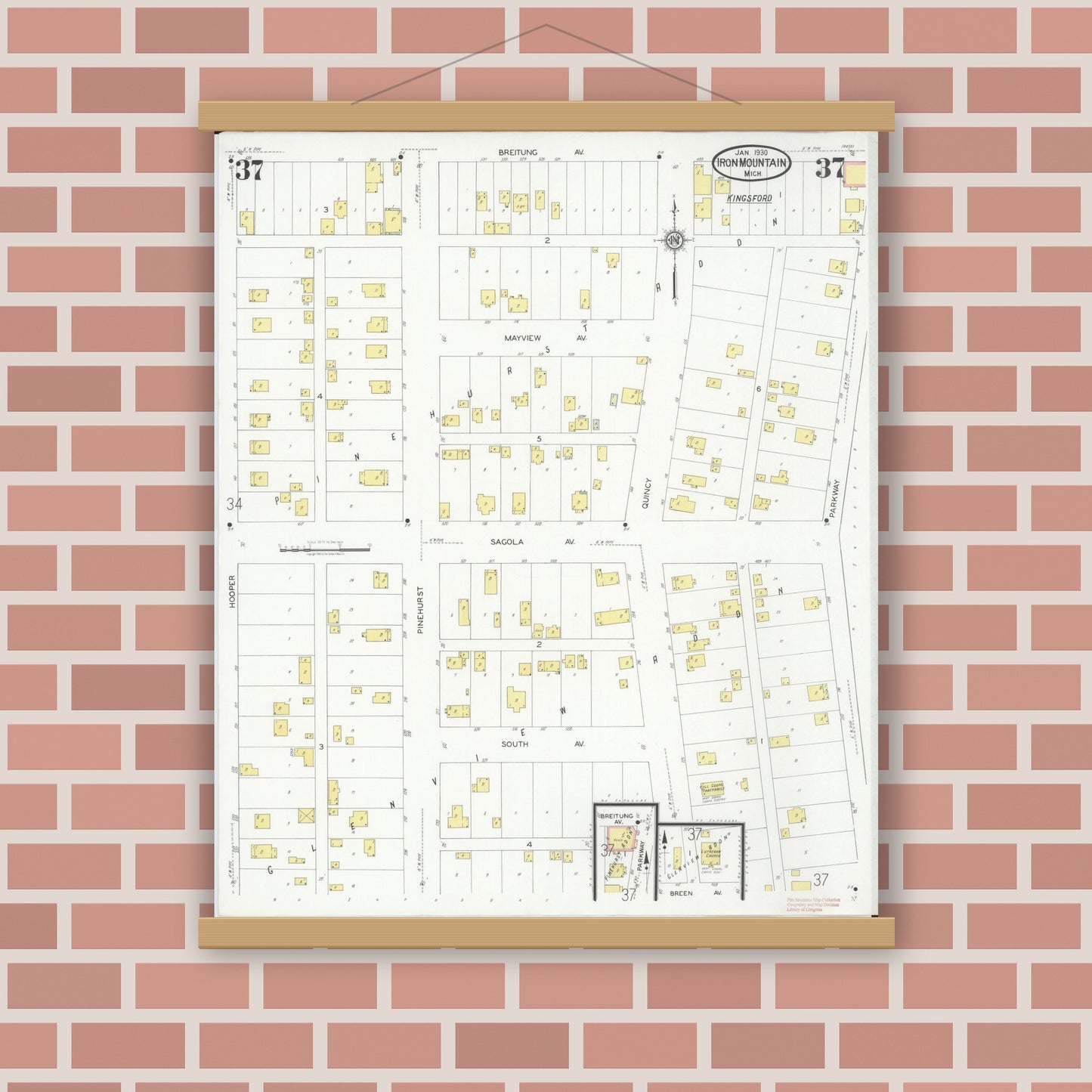 Old map wall art mockup — magnetic wood frame on brick wall — Sanborn Fire Insurance Map from Iron Mountain, Dickinson County, Michigan (1930), Sheet #0037