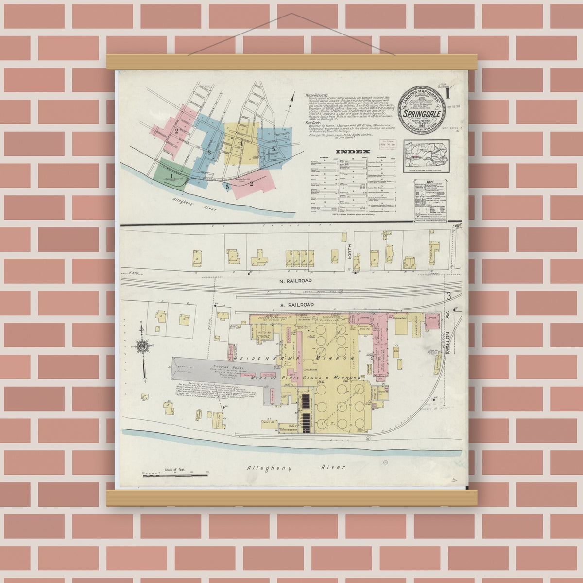 Old map wall art mockup — magnetic wood frame on brick wall — Sanborn Fire Insurance Map from Springdale, Allegheny County, Pennsylvania (1914) - Complete Map Set