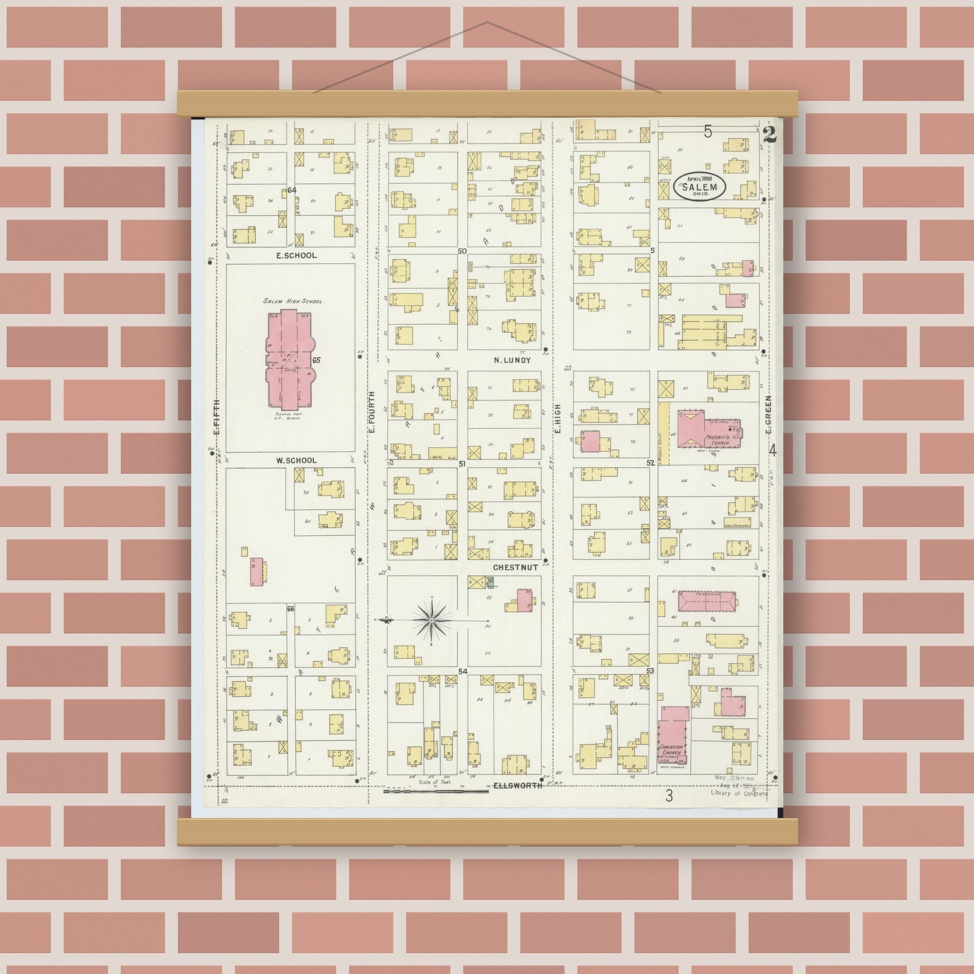 Old map wall art mockup — magnetic wood frame on brick wall — Sanborn Fire Insurance Map from Salem, Columbiana County, Ohio (1898), Sheet #0002