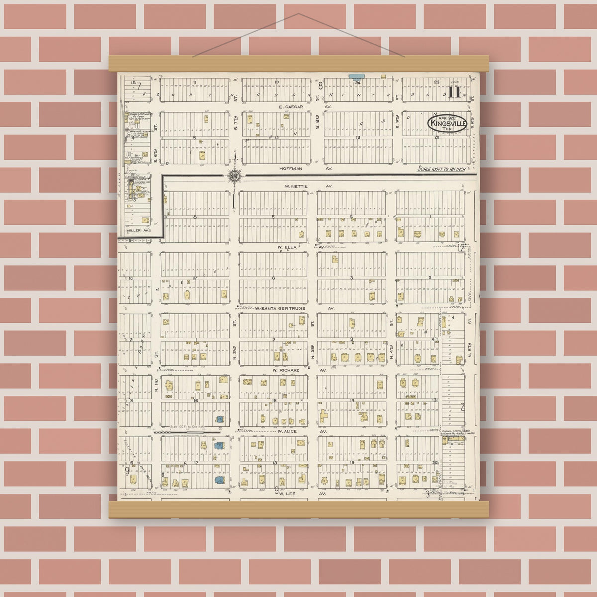 Old map wall art mockup — magnetic wood frame on brick wall — Sanborn Fire Insurance Map from Kingsville, Kleberg County, Texas (1922), Sheet #0011