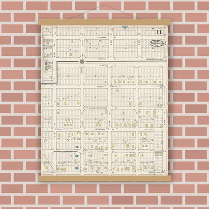 Old map wall art mockup — magnetic wood frame on brick wall — Sanborn Fire Insurance Map from Kingsville, Kleberg County, Texas (1922), Sheet #0011