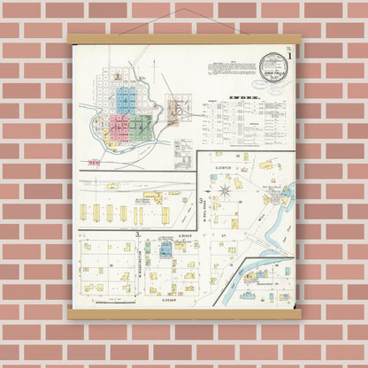 Old map wall art mockup — magnetic wood frame on brick wall — Sanborn Fire Insurance Map from Iowa Falls, Hardin County, Iowa (1897) â€” Complete Set