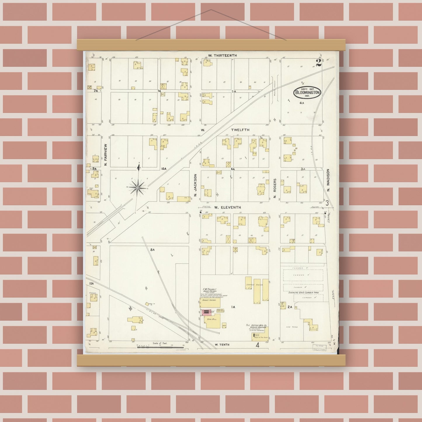 Old map wall art mockup — magnetic wood frame on brick wall — Sanborn Fire Insurance Map from Bloomington, Monroe County, Indiana (1907), Sheet #0002