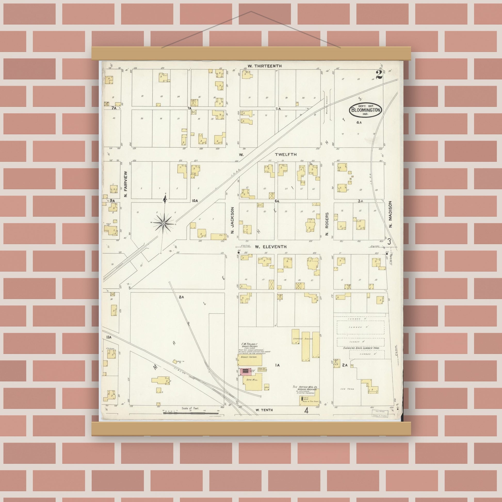 Old map wall art mockup — magnetic wood frame on brick wall — Sanborn Fire Insurance Map from Bloomington, Monroe County, Indiana (1907), Sheet #0002