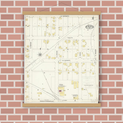 Old map wall art mockup — magnetic wood frame on brick wall — Sanborn Fire Insurance Map from Bloomington, Monroe County, Indiana (1907), Sheet #0002