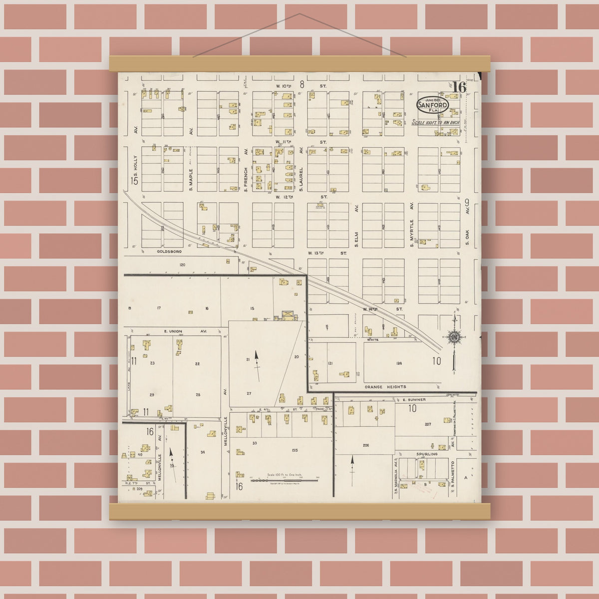Old map wall art mockup — magnetic wood frame on brick wall — Sanborn Fire Insurance Map from Sanford, Seminole County, Florida (1922), Sheet #0016