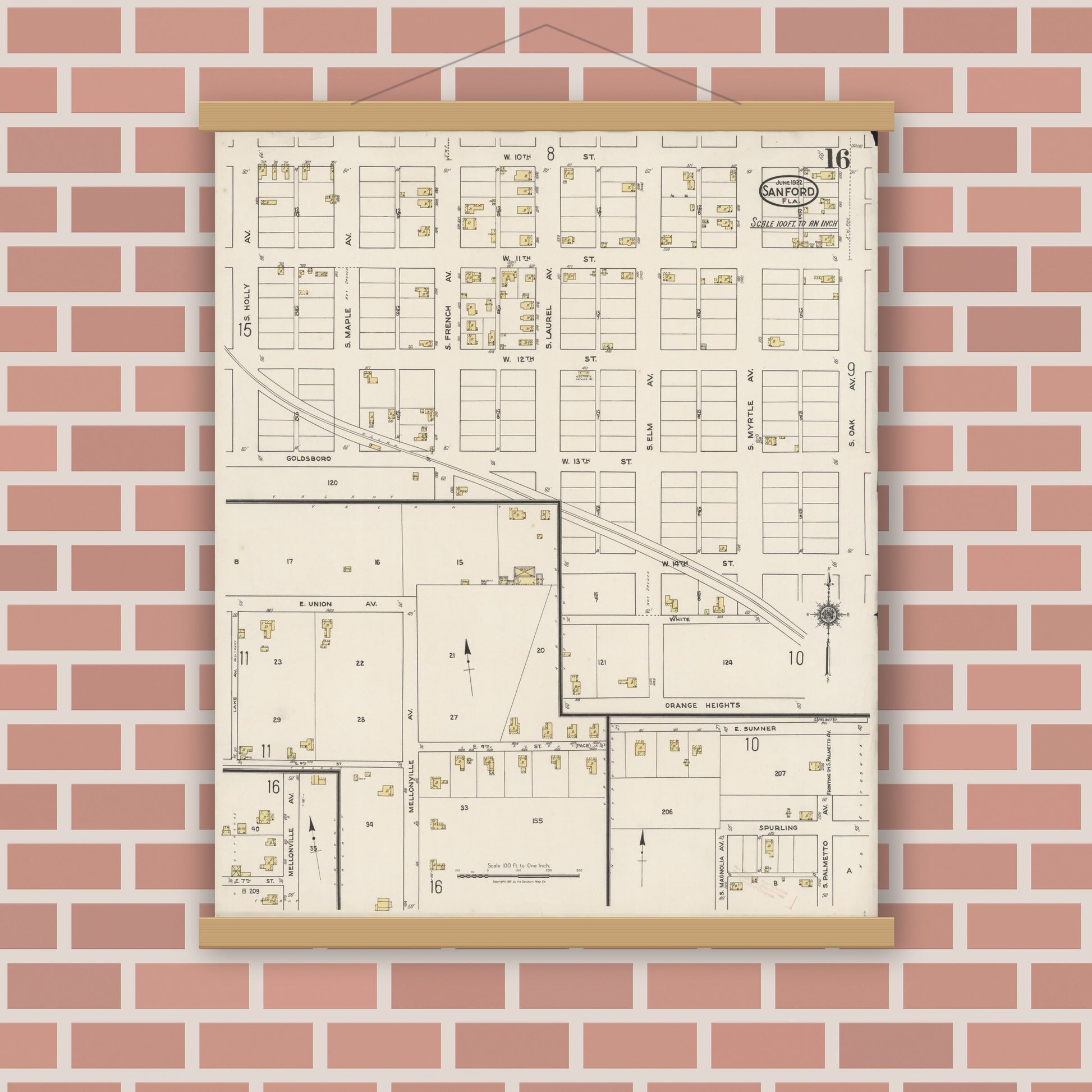 Old map wall art mockup — magnetic wood frame on brick wall — Sanborn Fire Insurance Map from Sanford, Seminole County, Florida (1922), Sheet #0016