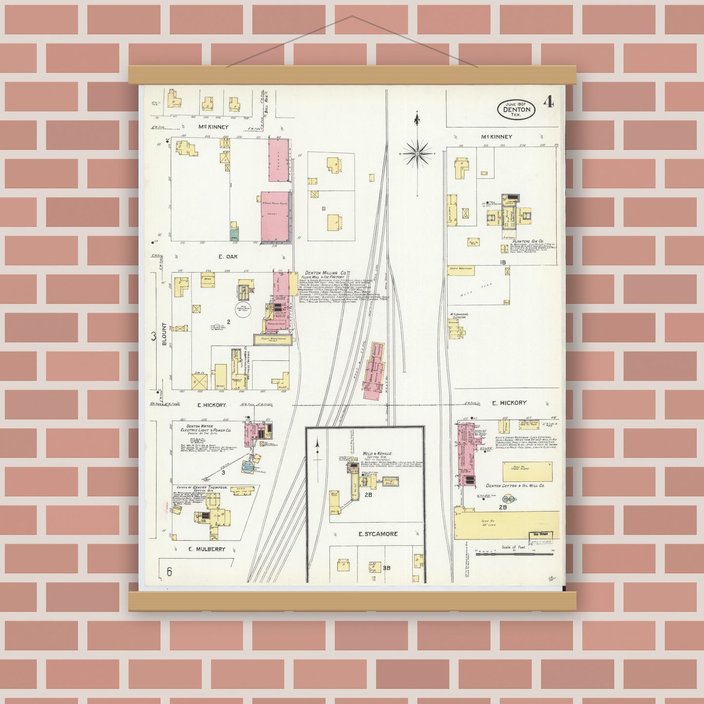 Old map wall art mockup — magnetic wood frame on brick wall — Sanborn Fire Insurance Map from Denton, Denton County, Texas (1907), Sheet #0004
