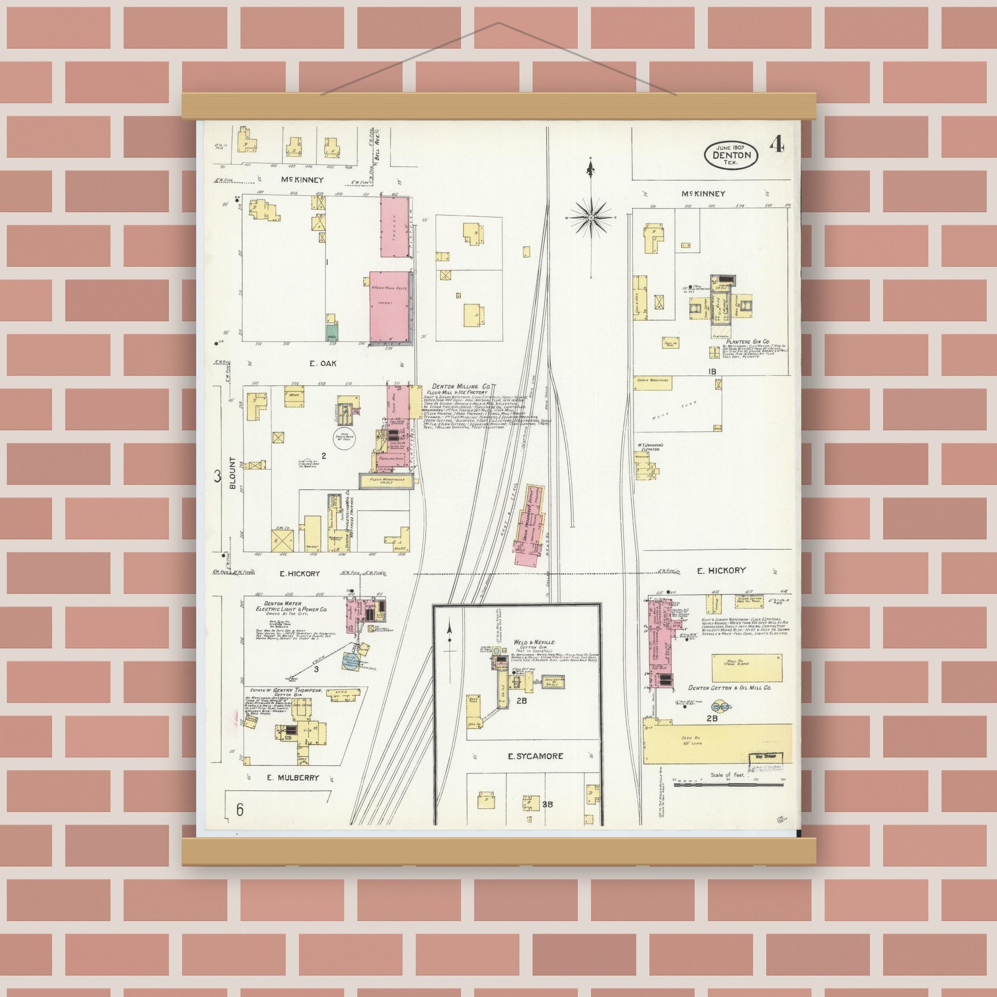Old map wall art mockup — magnetic wood frame on brick wall — Sanborn Fire Insurance Map from Denton, Denton County, Texas (1907), Sheet #0004