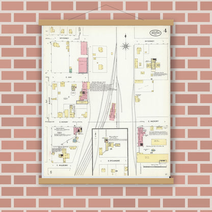 Old map wall art mockup — magnetic wood frame on brick wall — Sanborn Fire Insurance Map from Denton, Denton County, Texas (1907), Sheet #0004