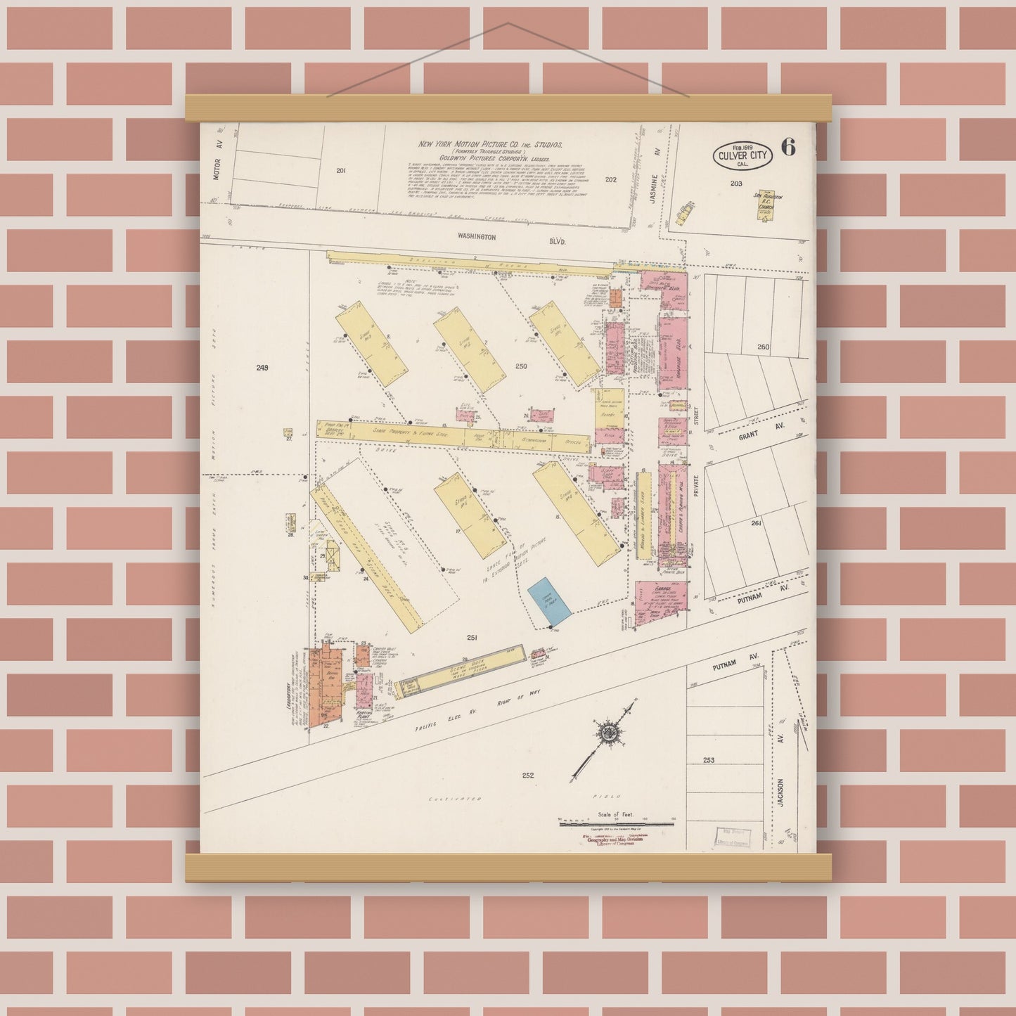 Old map wall art mockup — magnetic wood frame on brick wall — Sanborn Fire Insurance Map from Culver City, Los Angeles County, California (1919), Sheet #0006