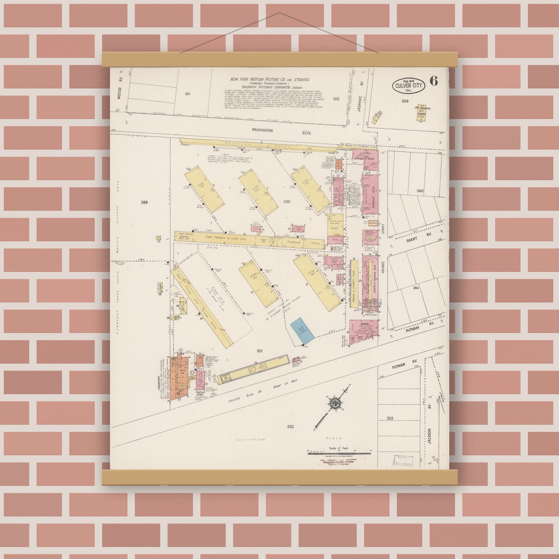 Old map wall art mockup — magnetic wood frame on brick wall — Sanborn Fire Insurance Map from Culver City, Los Angeles County, California (1919), Sheet #0006