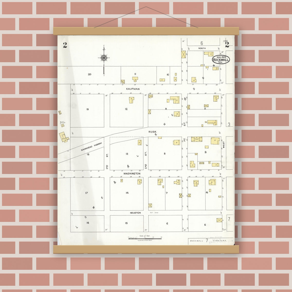 Old map wall art mockup — magnetic wood frame on brick wall — Sanborn Fire Insurance Map from Rockwall, Rockwall County, Texas (1923), Sheet #0002