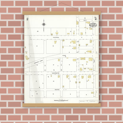 Old map wall art mockup — magnetic wood frame on brick wall — Sanborn Fire Insurance Map from Rockwall, Rockwall County, Texas (1923), Sheet #0002